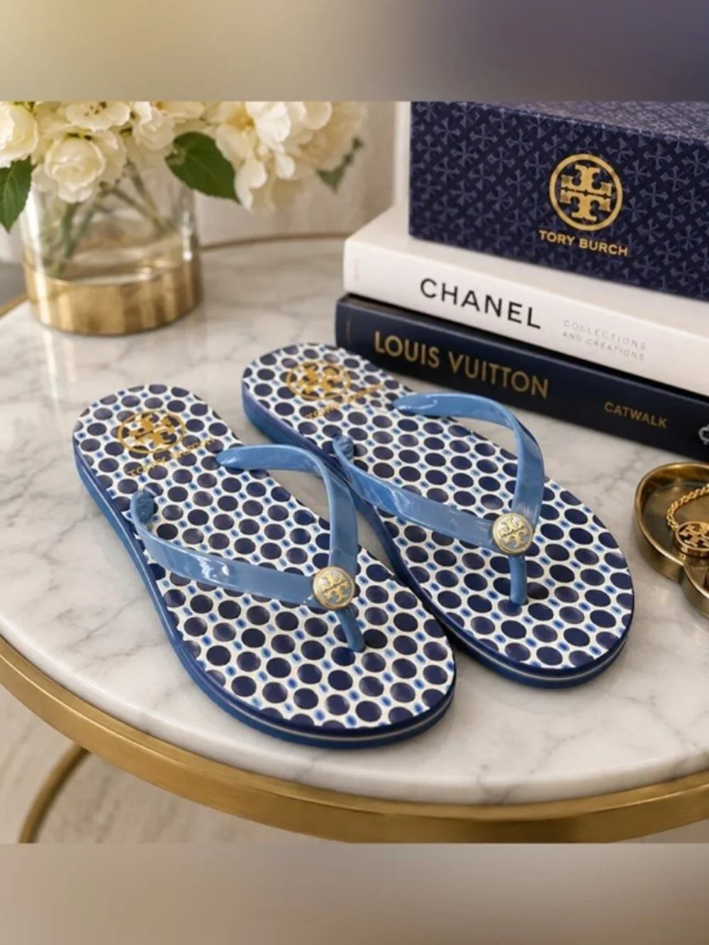 Tory Burch Blue Polka Dot Logo Flip Flops Thong Sandals Women’s Size 9